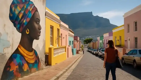 Kapstadt mit bunten Bo-Kaap-Häusern, Street Art und Blick auf den Tafelberg – Darstellung der Kulturmetropole.